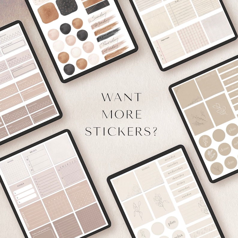 Pode incluir: Adesivos digitais para planejador em uma paleta de cores neutras com uma variedade de formas e designs. Os adesivos incluem dias da semana, notas, metas, refei&ccedil;&otilde;es e muito mais. O texto "WANT MORE STICKERS?" &eacute; exibido no centro da imagem.
