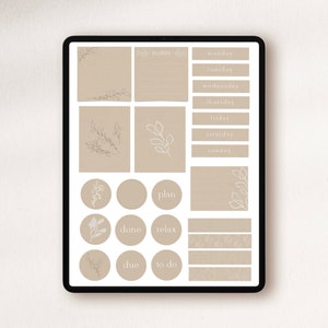 Pode incluir: Um planejador digital com fundo bege e desenhos de folhas e galhos em linhas brancas. O planejador inclui se&ccedil;&otilde;es para notas, planejar, feito, relaxar, vencimento, a fazer e os dias da semana.