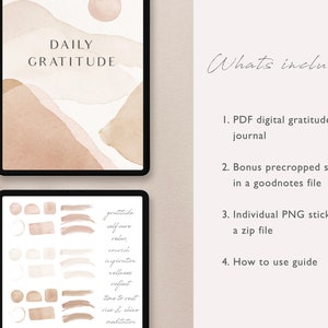 May include: A digital daily gratitude journal with a watercolor background of brown and beige mountains. The journal includes precropped stickers for Goodnotes and individual PNG stickers in a zip file. The text "DAILY GRATITUDE" is displayed on the journal cover.