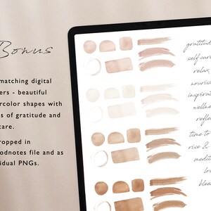 May include: A digital planner page with 40+ watercolor stickers featuring words of gratitude and self-care. The stickers are in shades of brown and beige and include words like "gratitude", "self care", "relax", "nourish", "inspiration", "wellness", "reflect", "time to rest", "rise & shine", "meditation", "love", and "blessed".