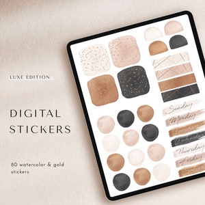 Digital stickers - luxe gold and watercolor, digital PNG stickers for ipad planner, Goodnotes journal