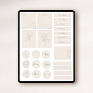 Pode incluir: Um planejador digital com fundo bege e desenhos de folhas em preto. O planejador inclui se&ccedil;&otilde;es para notas, planejar, feito, relaxar, vencimento, a fazer e dias da semana.
