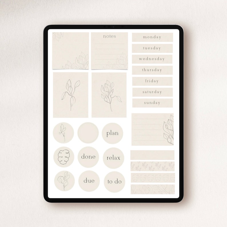 Pode incluir: Um planejador digital com fundo bege e desenhos de folhas em preto. O planejador inclui se&ccedil;&otilde;es para notas, planejar, feito, relaxar, vencimento, a fazer e dias da semana.