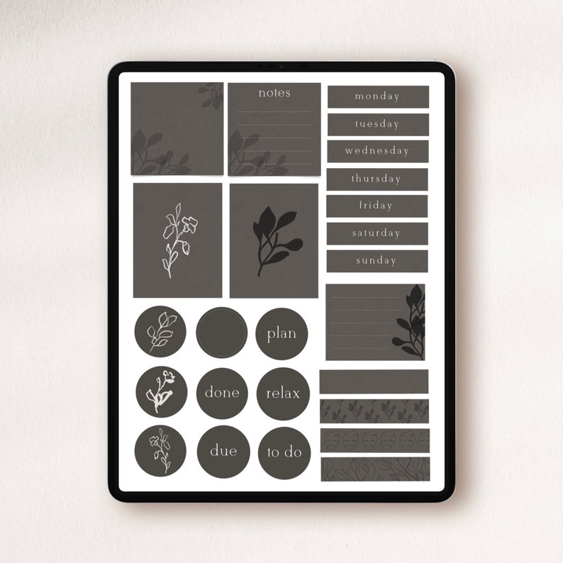 Pode incluir: Um planejador digital com fundo cinza e texto branco. O planejador inclui se&ccedil;&otilde;es para notas, planejar, feito, relaxar, vencimento, a fazer e dias da semana. O planejador tamb&eacute;m inclui alguns elementos decorativos com um design floral.