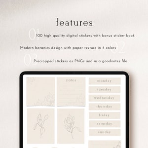 Pode incluir: Um planejador digital com 100 adesivos digitais de alta qualidade com um livro de adesivos b&ocirc;nus. Design bot&acirc;nico moderno com textura de papel em 4 cores. Adesivos pr&eacute;-cortados como PNG e em um arquivo Goodnotes.