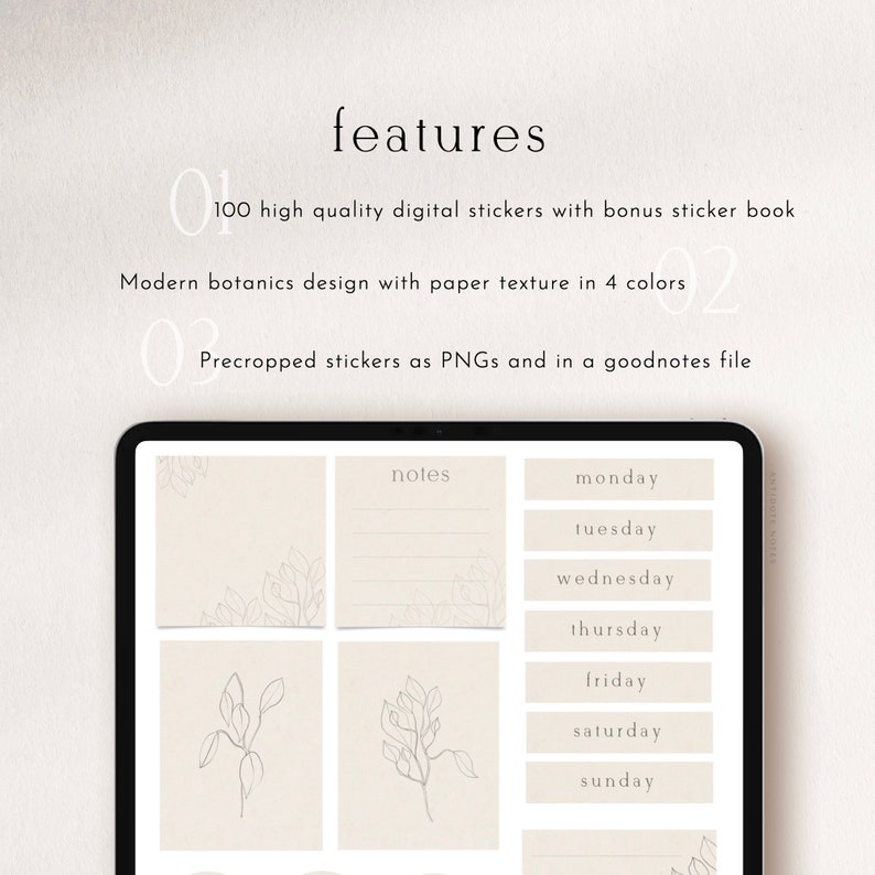 Pode incluir: Um planejador digital com 100 adesivos digitais de alta qualidade com um livro de adesivos b&ocirc;nus. Design bot&acirc;nico moderno com textura de papel em 4 cores. Adesivos pr&eacute;-cortados como PNG e em um arquivo Goodnotes.
