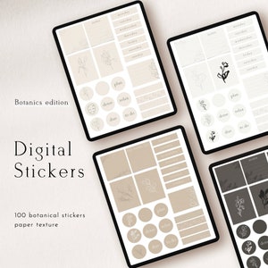 Pode incluir: Um planejador digital com 100 adesivos bot&acirc;nicos. Os adesivos s&atilde;o em um esquema de cores bege e marrom e apresentam v&aacute;rios desenhos florais. O planejador inclui um calend&aacute;rio semanal, uma lista de tarefas e outras ferramentas de organiza&ccedil;&atilde;o. O texto "Botanics edition" e "Digital Stickers" &eacute; vis&iacute;vel na imagem.