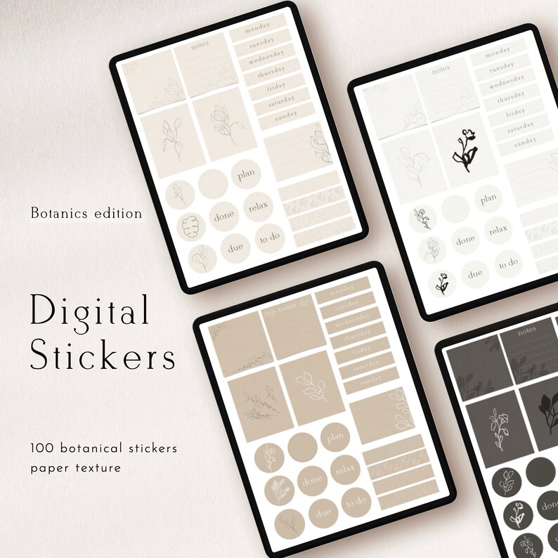 Pode incluir: Um planejador digital com 100 adesivos bot&acirc;nicos. Os adesivos s&atilde;o em um esquema de cores bege e marrom e apresentam v&aacute;rios desenhos florais. O planejador inclui um calend&aacute;rio semanal, uma lista de tarefas e outras ferramentas de organiza&ccedil;&atilde;o. O texto "Botanics edition" e "Digital Stickers" &eacute; vis&iacute;vel na imagem.
