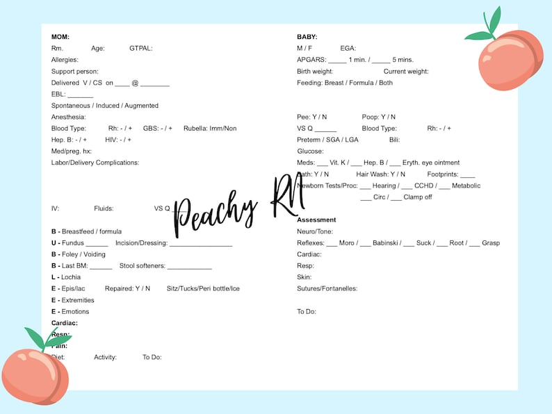 MATERNITY POSTPARTUM Nursing Report Sheet Template - Etsy