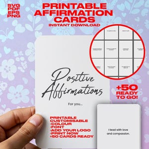Editable Affirmation Cards | 50 Positive Quote Templates | Printable Mental Health Cards SVG pdf PNG eps | Mindfulness Editable Flashcards