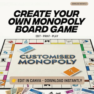 Può includere: Un gioco da tavolo Monopoly personalizzato con il testo "CREATE YOUR OWN MONOPOLY BOARD GAME". Il gioco include carte proprietà, denaro e pedine. È visibile anche il testo "EDIT IN CANVA - DOWNLOAD INSTANTLY".