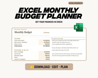 Excel Monthly Budget Planner | Editable Finance Spreadsheet | Income, Bills, Expenses & Savings Tracker | Instant Digital Download