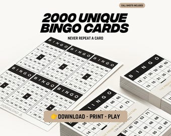 Printable Bingo Cards 2000 Unique Sheets | Party Game Instant Download | Birthday Classroom Family Game Night PDF