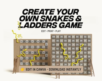 Printable Snakes and Ladders Game, Editable Board Game Template, DIY Kids Party Game, Classroom Activity, Canva Download