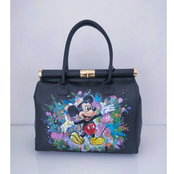 Handbemalte Micky Maus Tasche, Micky Maus Street Art Style, Micky Maus Pop Art, Italienische Ledertasche