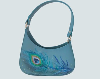 Hand-painted leather bag with peacock feather motif, Italian summer bag