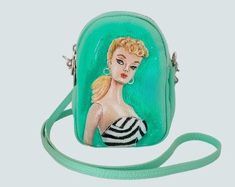 Hand-painted bag inspired Barbie, personaised  leather bag  with Barbie in striped swimmsuit