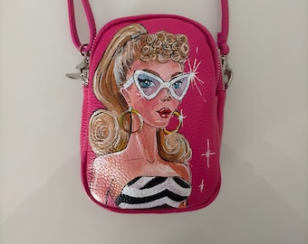 Hand painted bag with Barbie vintage portrait, crossbody bag inspired with blonde Barbie in striped swimmsuit