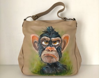 Hand-Painted Bag with Monkey,  leather bag with funny chimpanzee, italian bag