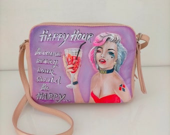 Hand painted bag, one of a kind bag, Happy Hour bag, gift for friend, leather shoulder bag, evening bag with Marilyn