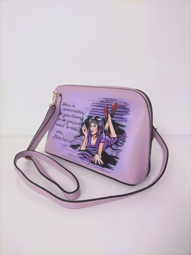 Hand Painted Bag Pulp Fiction, Italian Leather Bag Mia Wallace, Pulp Fiction Art, Quentin Tarantino High Quality Bag image 3