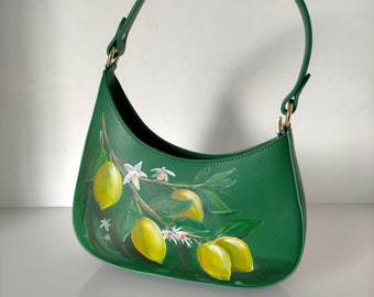 Hand-painted leather bag with lemon tree motif, Italian summer bag with lemon fruits and blossoms