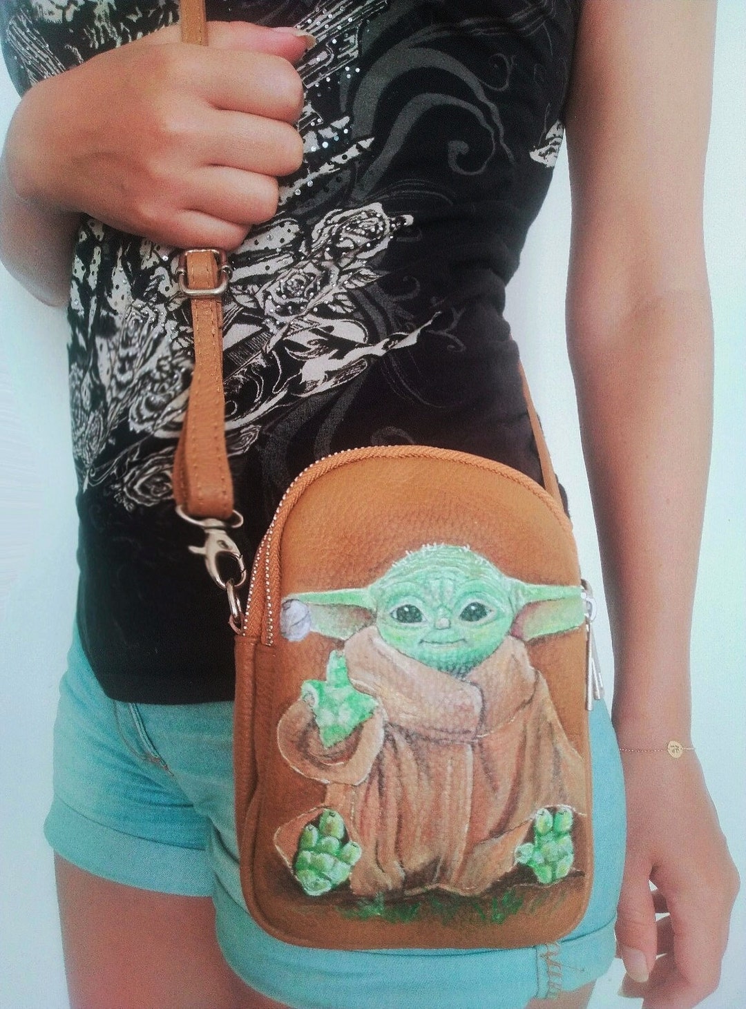 Hand Painted Bag, Baby Yoda Bag, Mini Leather Bag, One of a Kind Bag