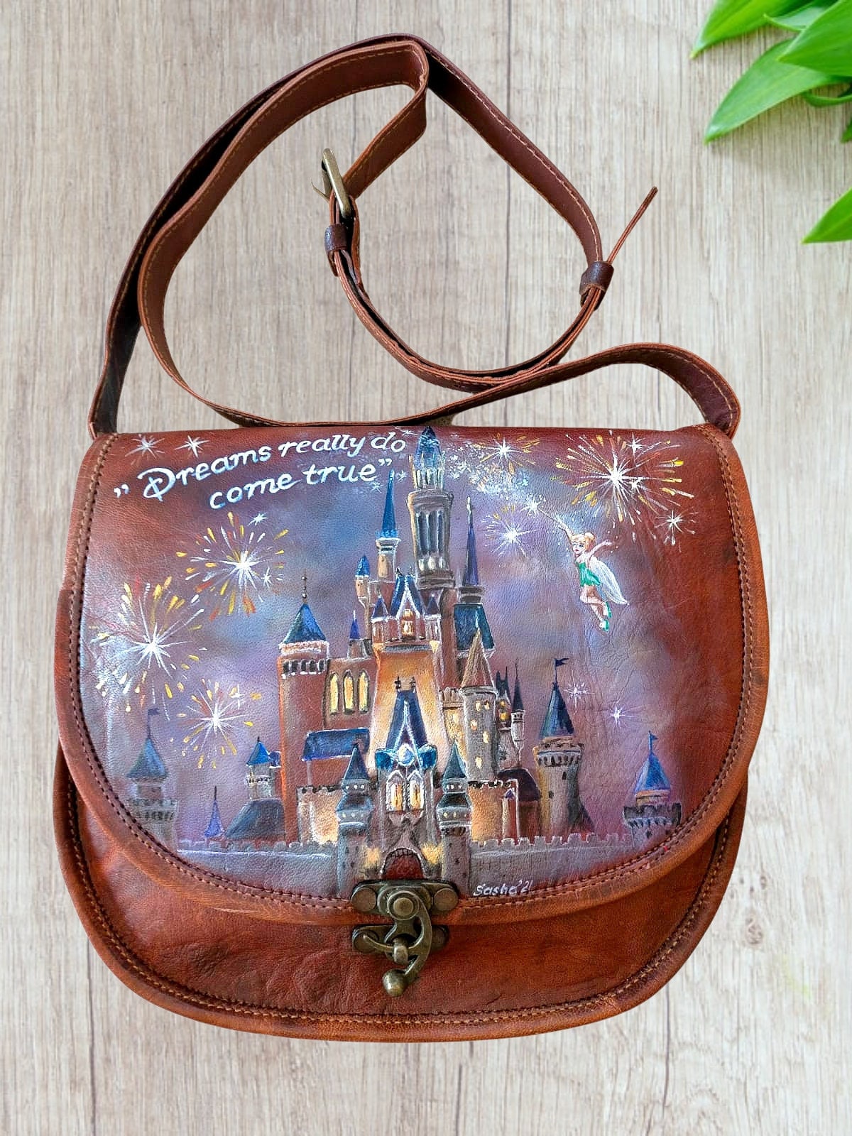 Hand Painted Leather Crossbody Bag Bag With Disney Castle 