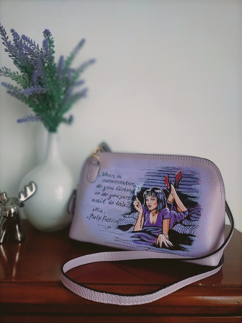 Hand Painted Bag Pulp Fiction, Italian Leather Bag Mia Wallace, Pulp Fiction Art, Quentin Tarantino High Quality Bag image 2