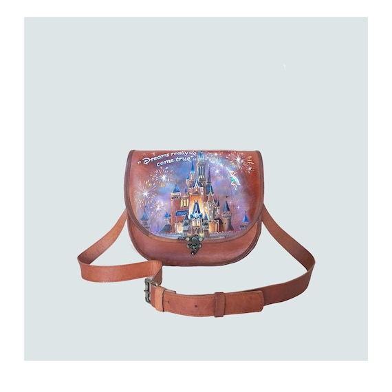 Hand Painted Leather Crossbody Bag Bag With Disney Castle 