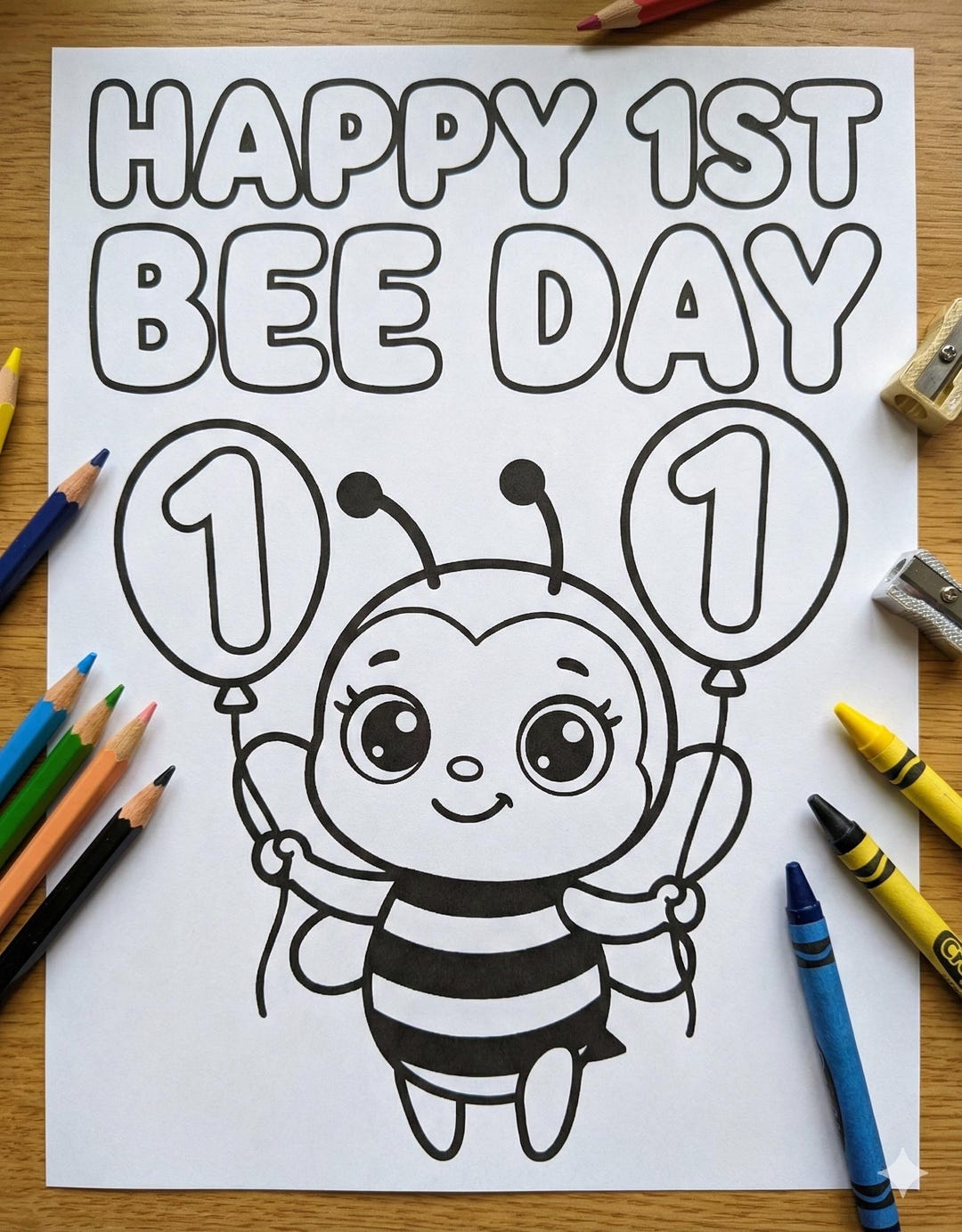Happy 1st Bee Day Coloring Page • Fun First Birthday Activity • Bumble ...