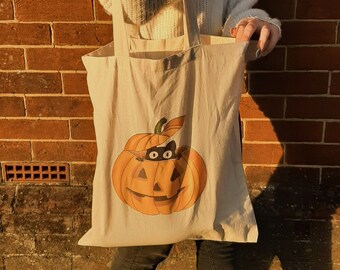 Halloween pumpkin cat tote bag