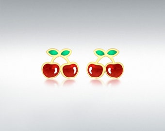 Charming 9ct Yellow Gold Enamel Cherries Stud Earrings