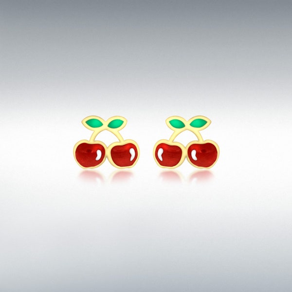 Charming 9ct Yellow Gold Enamel Cherries Stud Earrings