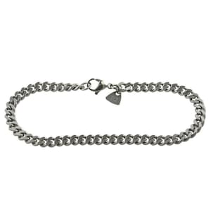 May include: A silver curb chain bracelet with a lobster clasp and a small tag. The bracelet is made of linked, rounded rectangular segments. The tag has the number "112" on it.