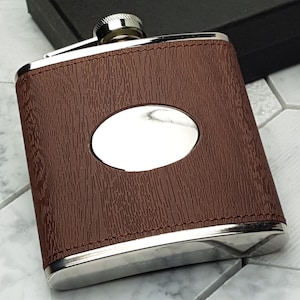 Personalised Leather Hip Flask With Wood Texture Detail