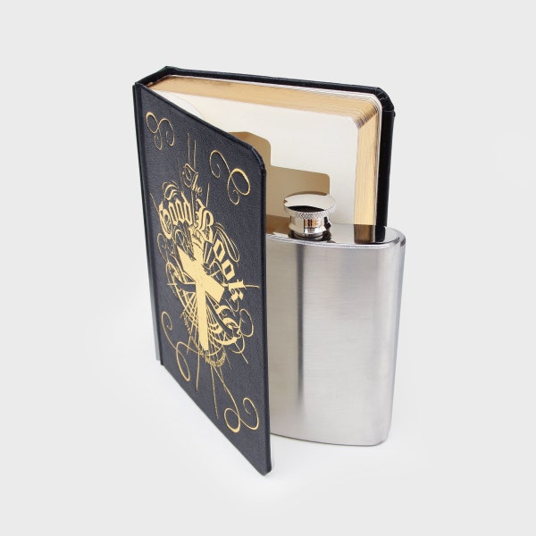 The Good Book Engraved Hip Flask In A Book