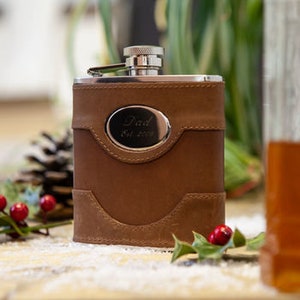 Spanish Leather Engraved Hip Flask Gift Set - with Free Engraving