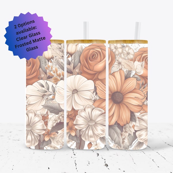 Floral Frosted Glass 20oz Travel Tumbler, Libby Glass, Frosted Matte Glass Tumbler, Glass Cup Bamboo Lid, Tumbler Mug Cup, Boho Flower Mug