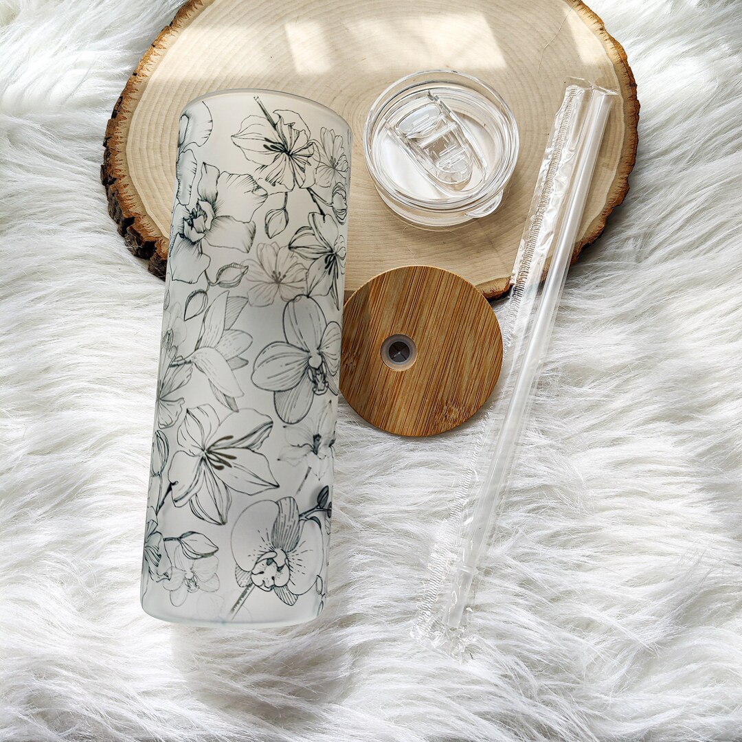 Floral Frosted 20oz Travel Tumbler/glass Cup Bamboo Lid/libby 20oz