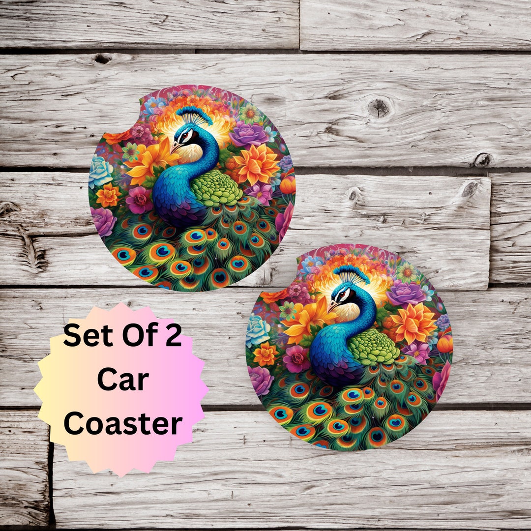 Peacock Car Coasters Set of 2, Car Accessory, Neoprene Car Coaster