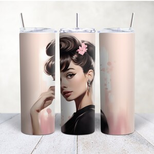 Pink Audrey Hepburn 20oz Tumbler, Insulated Travel Mug, Coffee Mug, Stainless Steel, Travel Drinkware, Audrey Hepburn Lover Gift