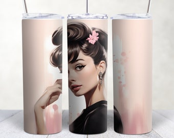 Pink Audrey Hepburn 20oz Tumbler, Insulated Travel Mug, Coffee Mug, Stainless Steel, Travel Drinkware, Audrey Hepburn Lover Gift