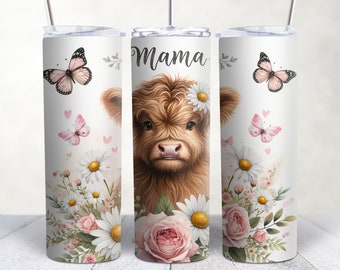 Mama Highland Cow Tumbler 20oz, Insulated Travel Mug, Coffee Travel Cup, Stainless Steel, Roses Daisies, Cow Lover Gift