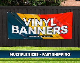May include: A vinyl banner with a red, yellow, and blue geometric design. The banner reads "Vinyl Banners" in white text with the words "Printed in Full Color" in smaller white text below.
