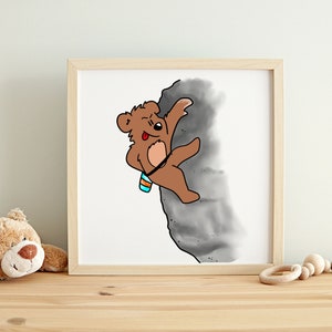 Baby Bear Climbing Wall Art Print | Nursery Wall Art Print | animals climbing kids room art cartoon decor kids climbing art