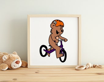 Girl Baby Bear Cycling Wall Art Print | Nursery Wall Decor | animals playing sports cycling bike biking kids room art cartoon decor