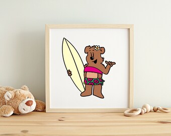 Baby Girl Bear Surf Wall Art Print | Nursery Wall Decor | animals surf surfing kids room art cartoon decor