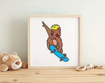 Baby Bear Skateboarding Vert Air Wall Art Print | Nursery Wall Decor | animals skateboard skate bike kids room art cartoon decor