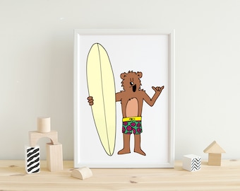 Surf Bear Shaka Wall Art Print | Nursery Wall Art Print | Kids Room Wall Print | animals ocean sports surf kids room surf art cartoon decor